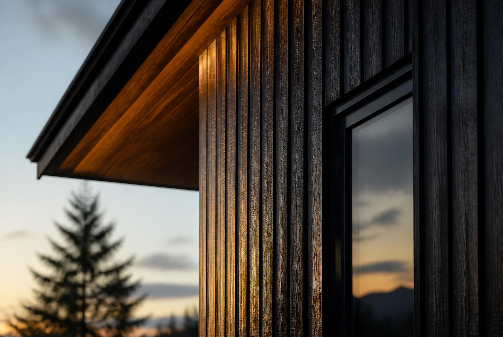 Cropped detail of the black exterior siding and warm wood soffit at dusk