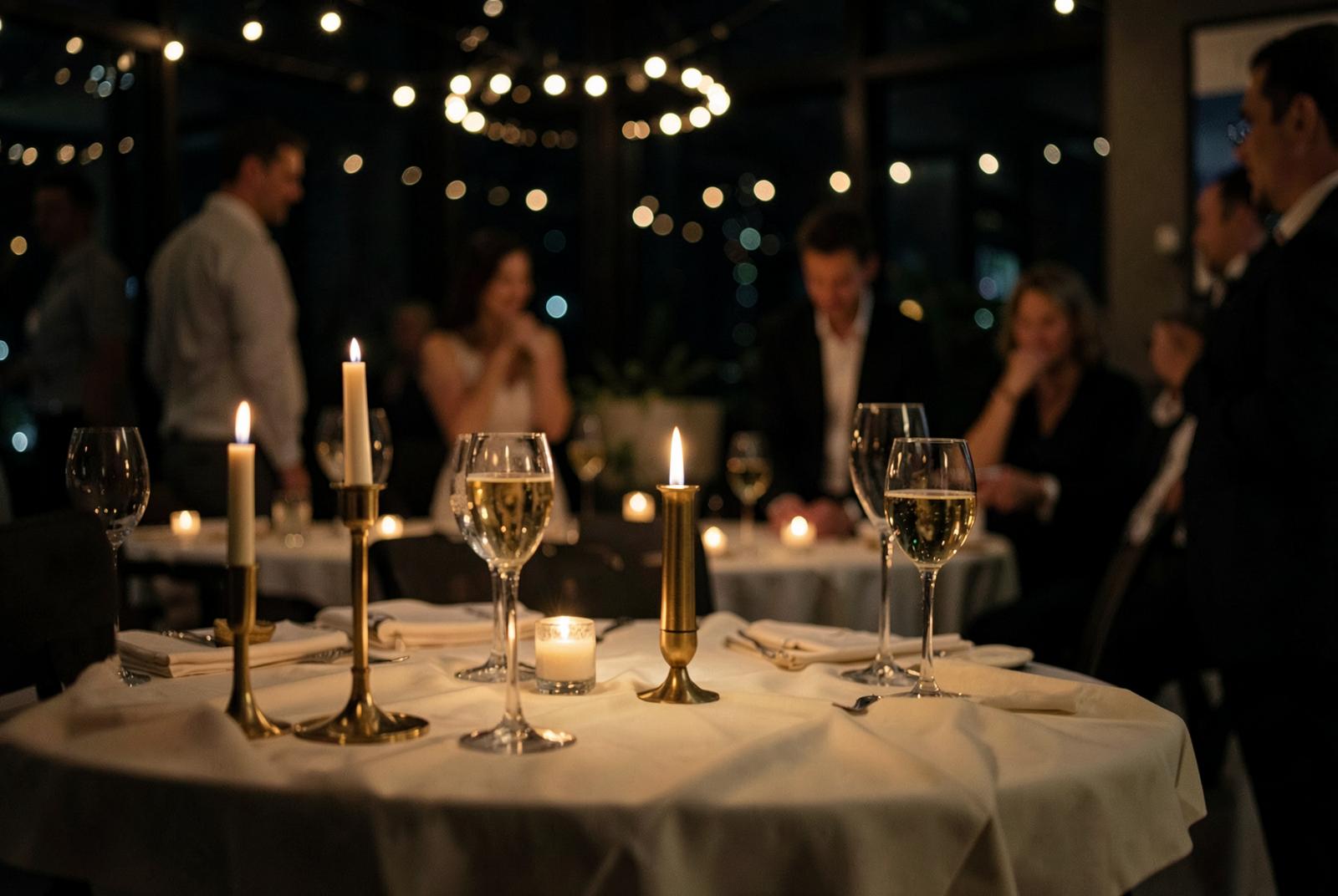Candlelit celebration table with glassware and string lights