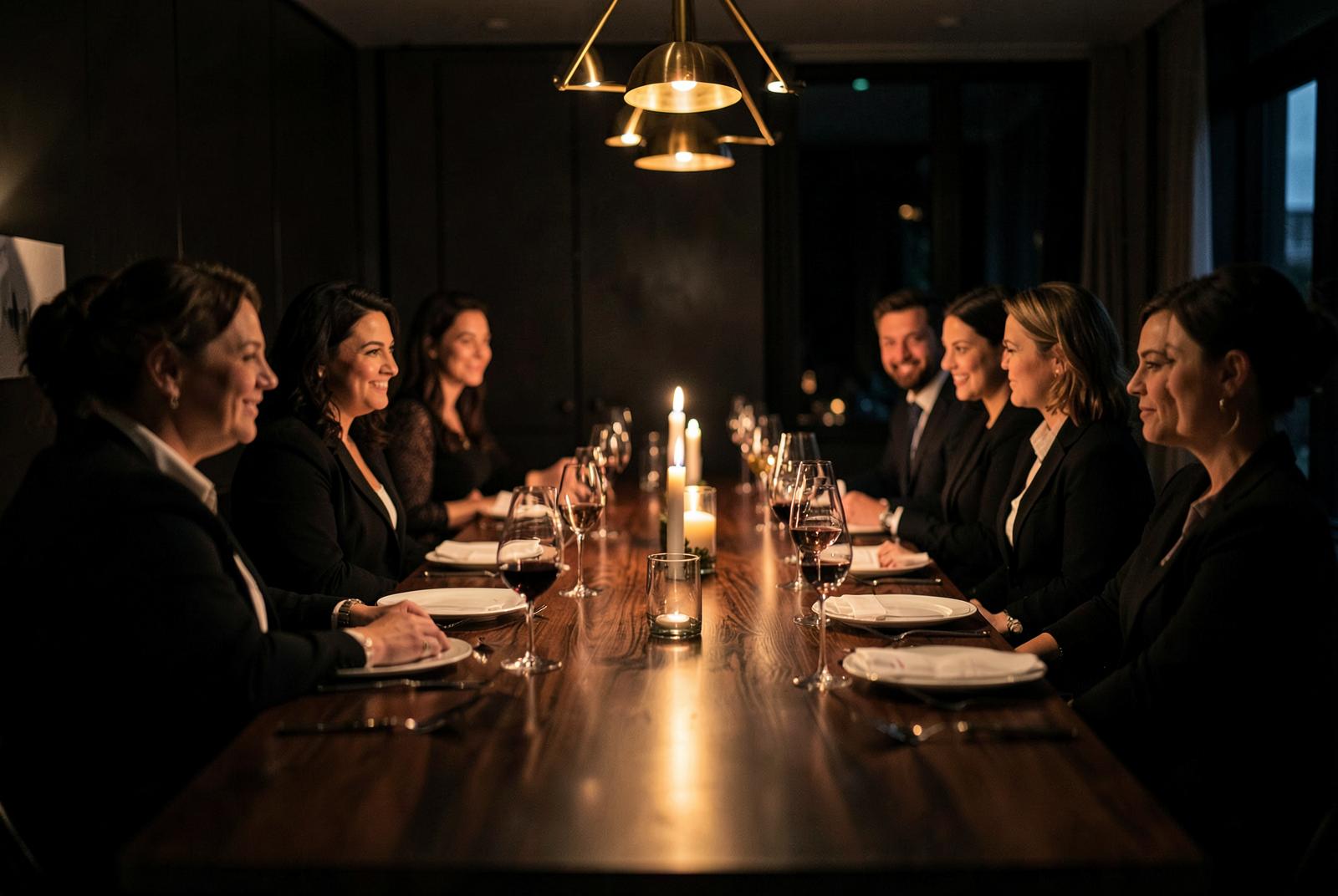 Private dinner around a long walnut table