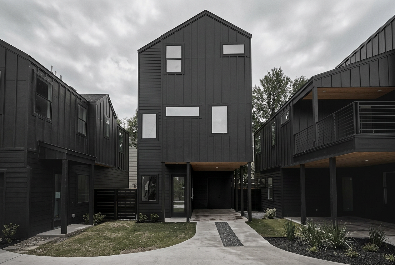 Monochrome study of The Hidden Key's black exterior and peaked roofline