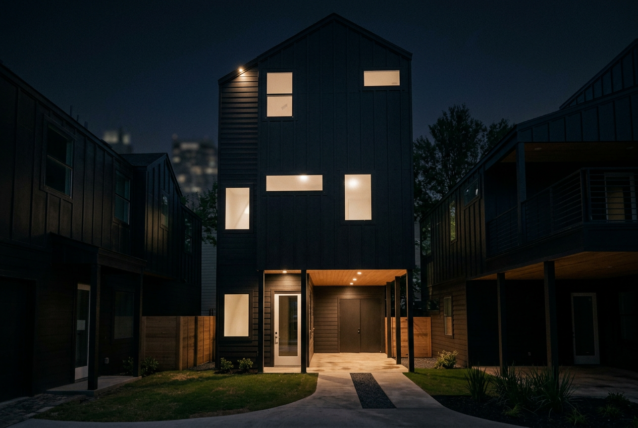 The Hidden Key after dark with warm architectural lighting