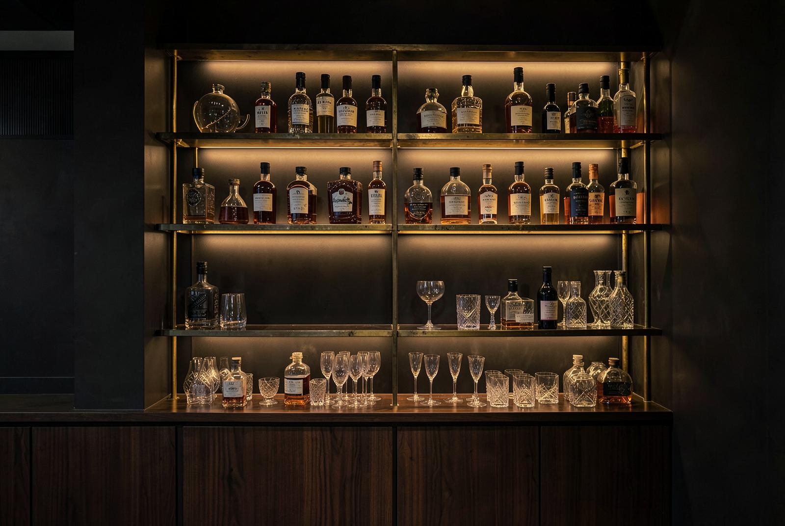 Whiskey and wine collection on backlit brass shelving with crystal glassware